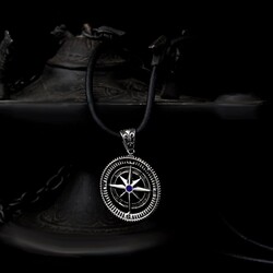 Blue Zircon Stone Compass Model 925 Sterling Silver Men's Necklace - 1