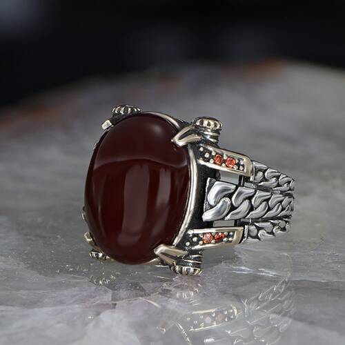 Chain Series 925 Carat Agate Stone Men's Silver Ring - 1