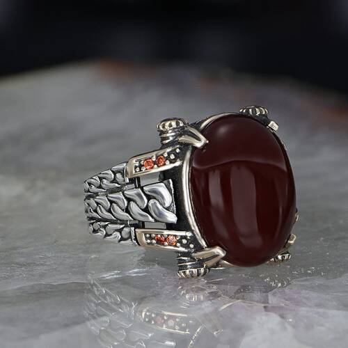 Chain Series 925 Carat Agate Stone Men's Silver Ring - 2