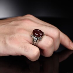 Chain Series 925 Carat Agate Stone Men's Silver Ring - 3