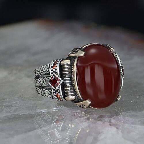 Chain Series 925 Carat Agate Stone Men's Silver Ring - 1