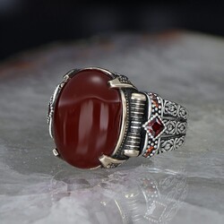 Chain Series 925 Carat Agate Stone Men's Silver Ring - 2