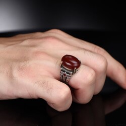 Chain Series 925 Carat Agate Stone Men's Silver Ring - 3