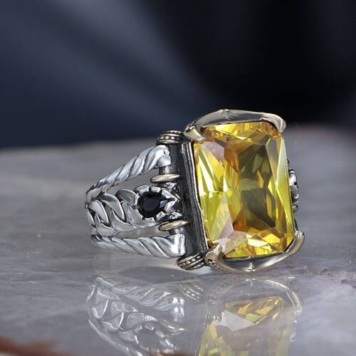 Chain Series 925 Carat Citrine Stone Men's Silver Ring - 3