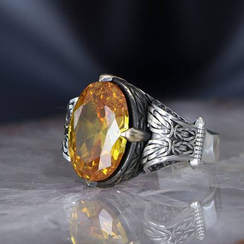 Chain Series 925 Carat Citrine Stone Men's Silver Ring - 1