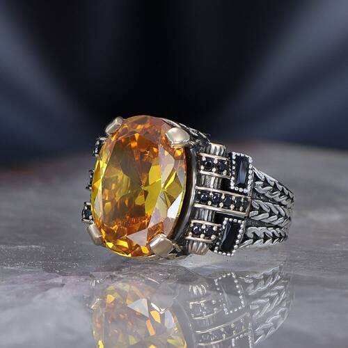 Chain Series 925 Carat Citrine Stone Men's Silver Ring - 1