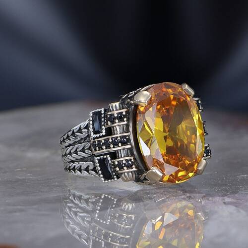 Chain Series 925 Carat Citrine Stone Men's Silver Ring - 2