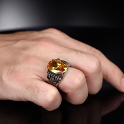 Chain Series 925 Carat Citrine Stone Men's Silver Ring - 3