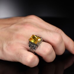 Chain Series 925 Carat Citrine Stone Men's Silver Ring - 2