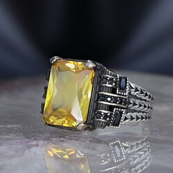 Chain Series 925 Carat Citrine Stone Men's Silver Ring - 3