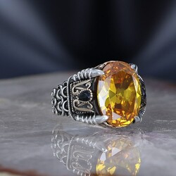 Chain Series 925 Carat Citrine Stone Men's Silver Ring - 3