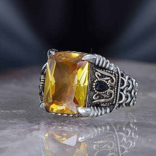 Chain Series 925 Carat Citrine Stone Men's Silver Ring - 1