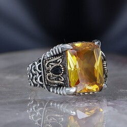 Chain Series 925 Carat Citrine Stone Men's Silver Ring - 3