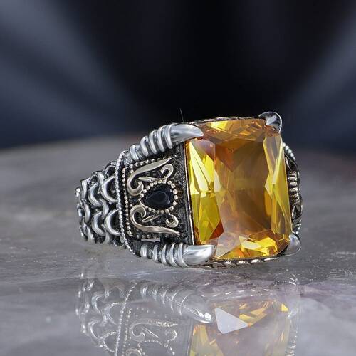 Chain Series 925 Carat Citrine Stone Men's Silver Ring - 3