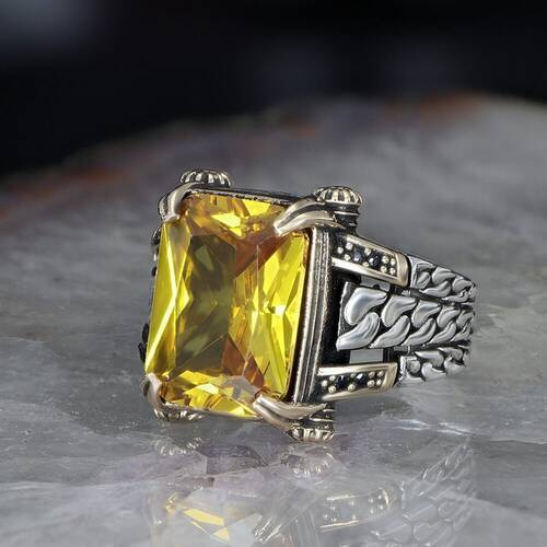 Chain Series 925 Carat Citrine Stone Men's Silver Ring - 1