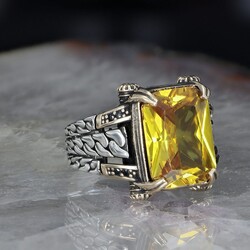 Chain Series 925 Carat Citrine Stone Men's Silver Ring - 2