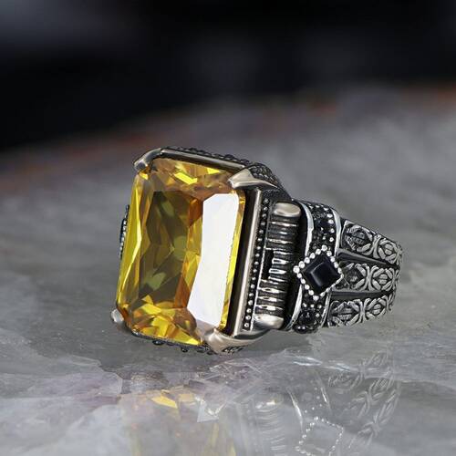 Chain Series 925 Carat Citrine Stone Men's Silver Ring - 1