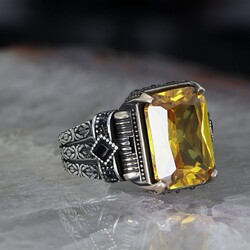 Chain Series 925 Carat Citrine Stone Men's Silver Ring - 2