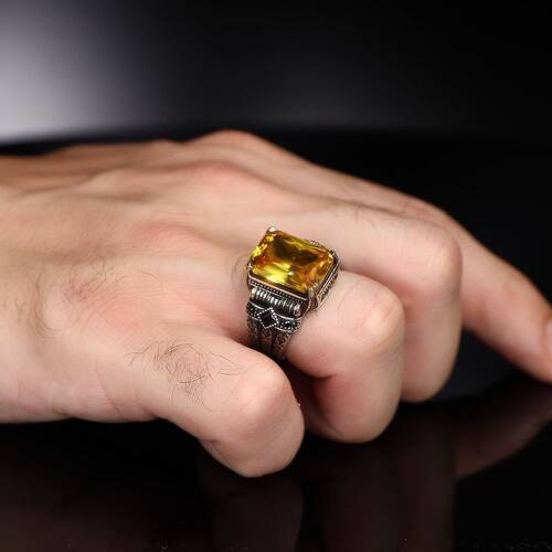 Chain Series 925 Carat Citrine Stone Men's Silver Ring - 3