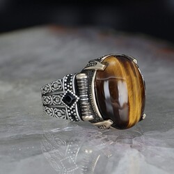 Chain Series 925 Carat Tiger Eye Men's Silver Ring - 1