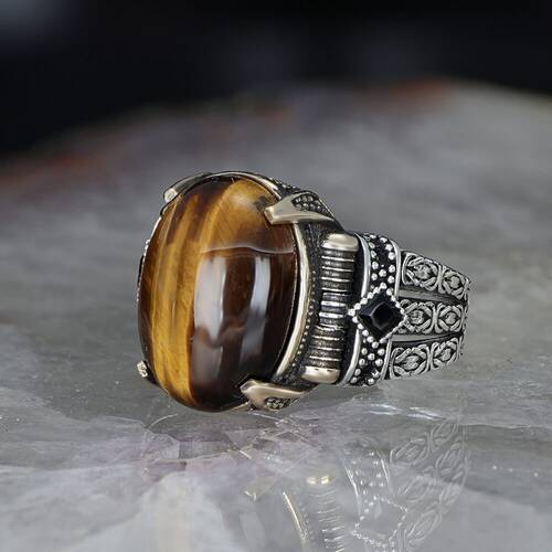 Chain Series 925 Carat Tiger Eye Men's Silver Ring - 2