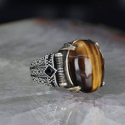 Chain Series 925 Carat Tiger Eye Men's Silver Ring - 3