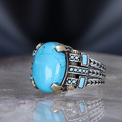 Chain Series 925 Carat Turquoise Stone Men's Silver Ring - 1