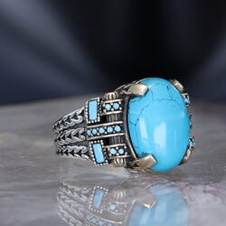 Chain Series 925 Carat Turquoise Stone Men's Silver Ring - 2