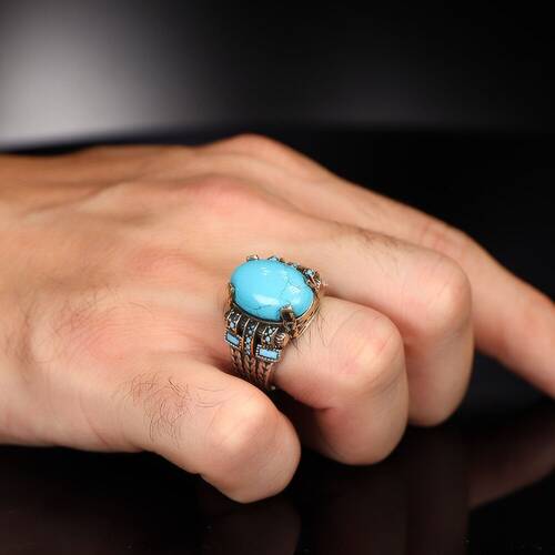 Chain Series 925 Carat Turquoise Stone Men's Silver Ring - 3