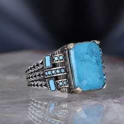 Chain Series 925 Sterling Blue Topaz Men's Silver Ring - 1