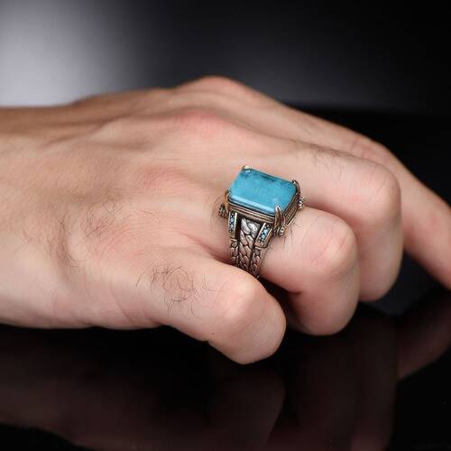 Chain Series 925 Sterling Blue Topaz Men's Silver Ring - 2