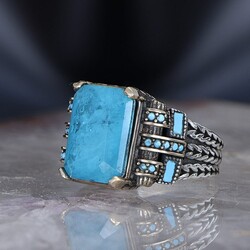 Chain Series 925 Sterling Blue Topaz Men's Silver Ring - 3