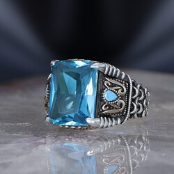 Chain Series 925 Sterling Blue Topaz Men's Silver Ring - 1