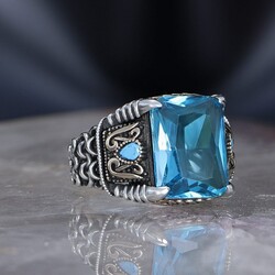 Chain Series 925 Sterling Blue Topaz Men's Silver Ring - 2