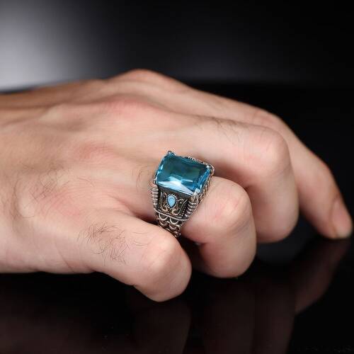 Chain Series 925 Sterling Blue Topaz Men's Silver Ring - 3