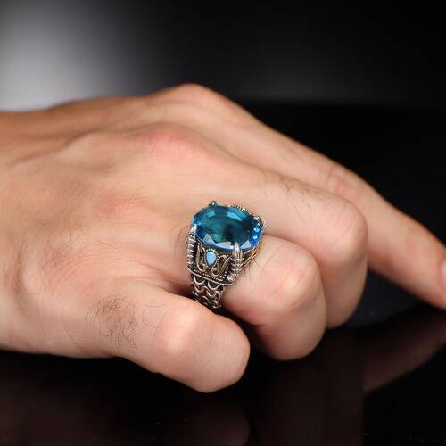 Chain Series 925 Sterling Blue Topaz Men's Silver Ring - 2