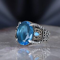 Chain Series 925 Sterling Blue Topaz Men's Silver Ring - 3