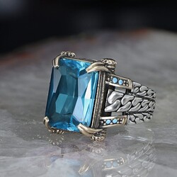 Chain Series 925 Sterling Blue Topaz Men's Silver Ring - 1