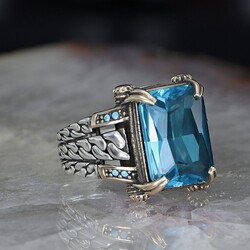 Chain Series 925 Sterling Blue Topaz Men's Silver Ring - 2