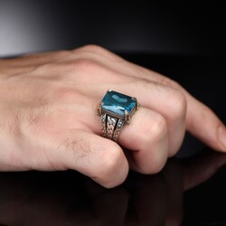 Chain Series 925 Sterling Blue Topaz Men's Silver Ring - 3