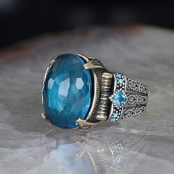 Chain Series 925 Sterling Blue Topaz Men's Silver Ring - 1