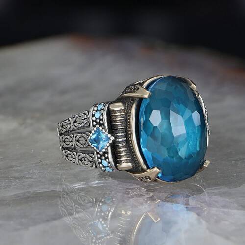 Chain Series 925 Sterling Blue Topaz Men's Silver Ring - 2