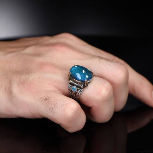 Chain Series 925 Sterling Blue Topaz Men's Silver Ring - 3