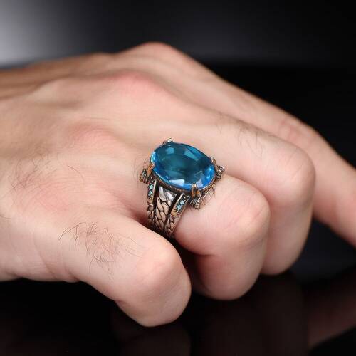 Chain Series 925 Sterling Blue Topaz Men's Silver Ring - 1