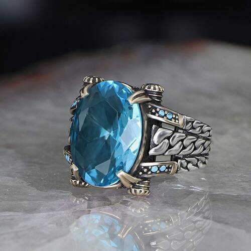 Chain Series 925 Sterling Blue Topaz Men's Silver Ring - 2