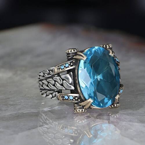 Chain Series 925 Sterling Blue Topaz Men's Silver Ring - 3