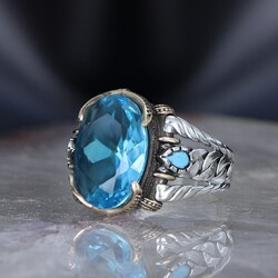 Chain Series 925 Sterling Blue Topaz Stone Men's Silver Ring - 1