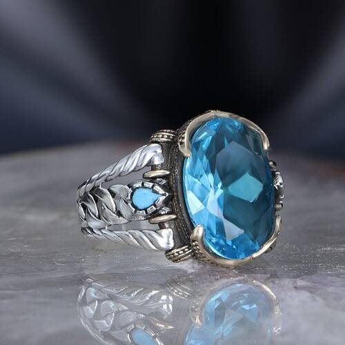 Chain Series 925 Sterling Blue Topaz Stone Men's Silver Ring - 2