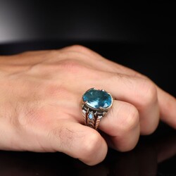 Chain Series 925 Sterling Blue Topaz Stone Men's Silver Ring - 3