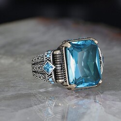 Chain Series 925 Sterling Blue Topaz Stone Men's Silver Ring - 1